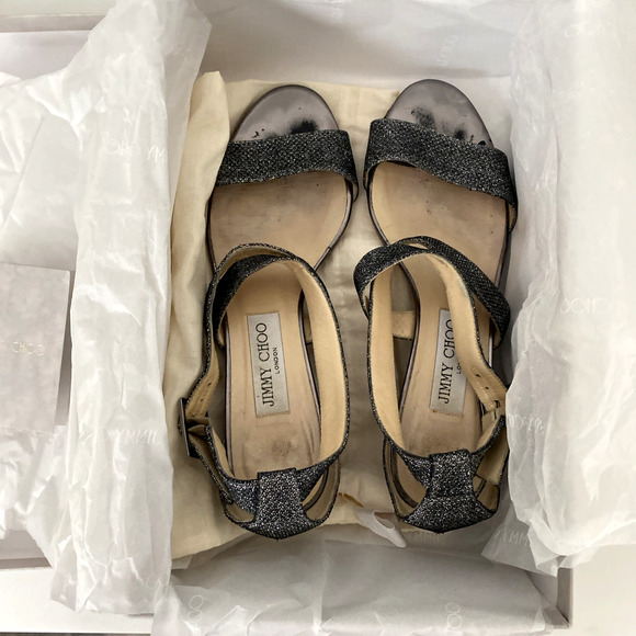 JIMMY CHOO Sandal Chiara‎ Anthracite Leather Glitter Wedge Silver Metallic 37.5 - Picture 12 of 14